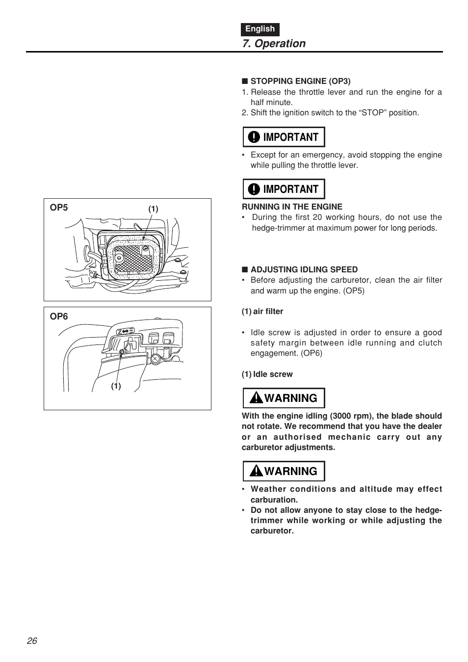 Operation, Warning, Warning important important | Zenoah CHTZ2401L-CA User Manual | Page 26 / 54