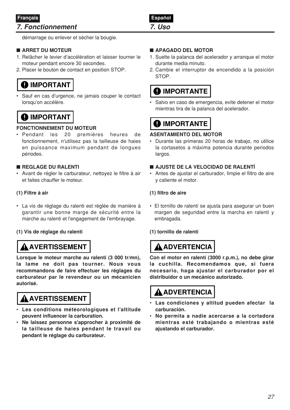 Fonctionnement 7. uso, Avertissement, Avertissement important important | Advertencia, Advertencia importante importante | Zenoah CHTZ2401L-CA User Manual | Page 27 / 54