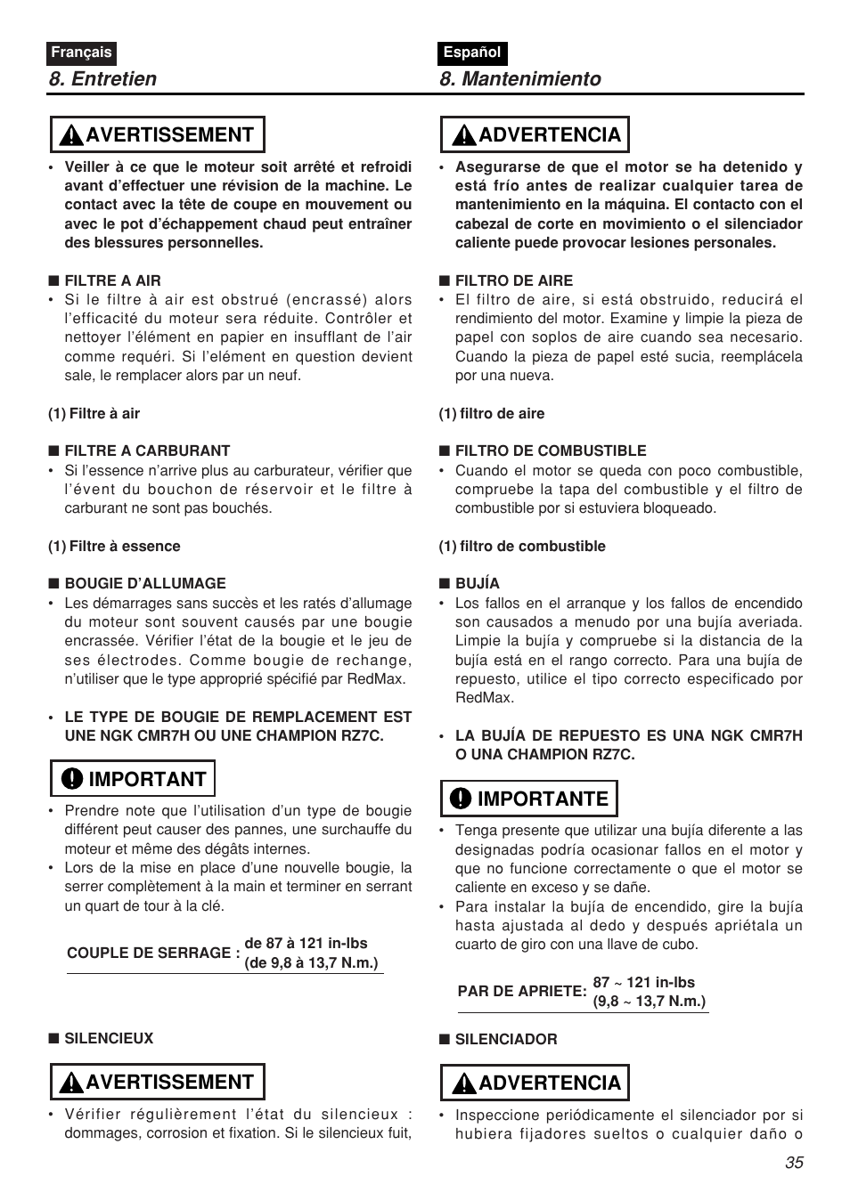 Entretien 8. mantenimiento, Avertissement important avertissement, Advertencia importante advertencia | Zenoah CHTZ2401L-CA User Manual | Page 35 / 54