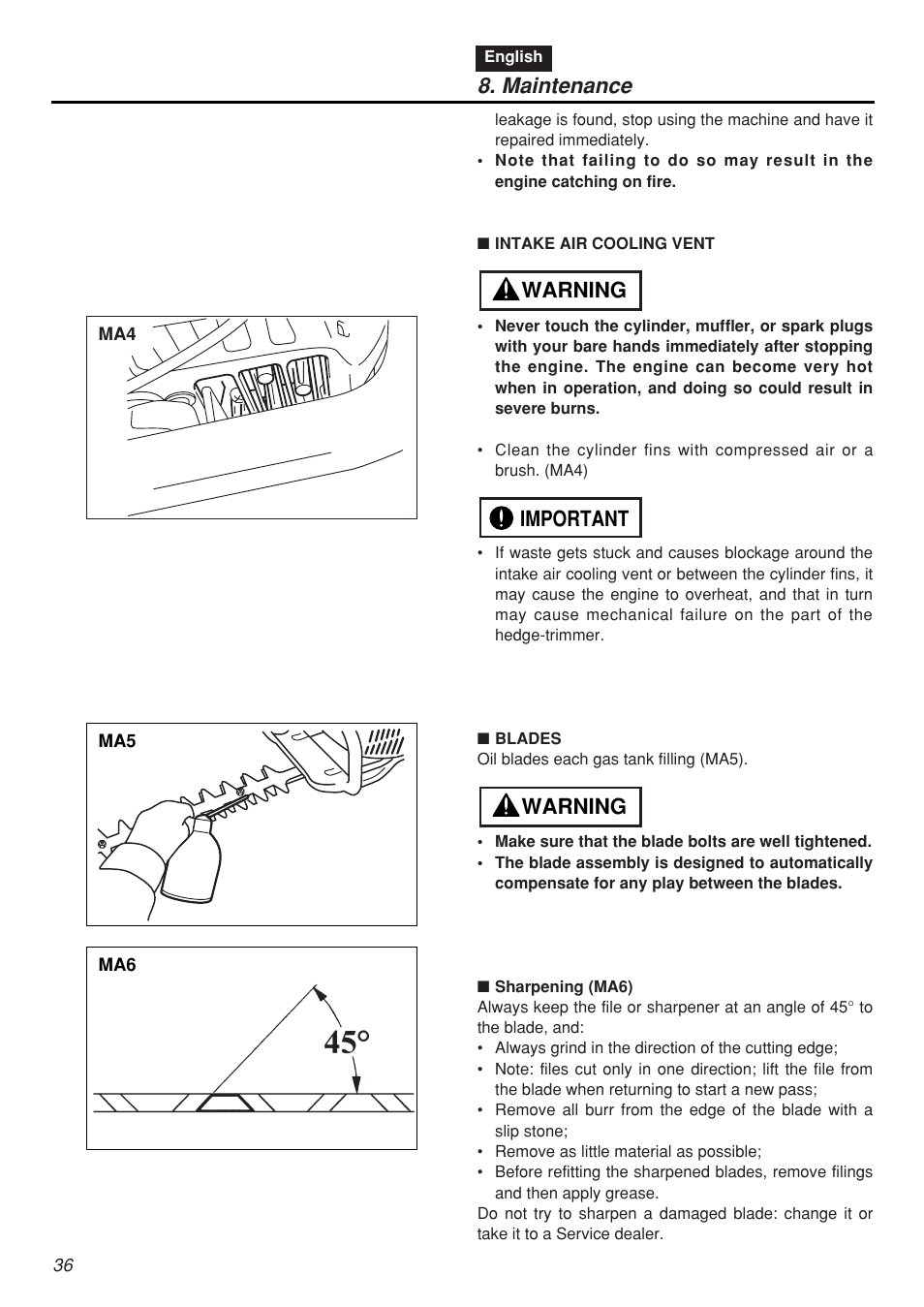 Maintenance, Warning important warning | Zenoah CHTZ2401L-CA User Manual | Page 36 / 54