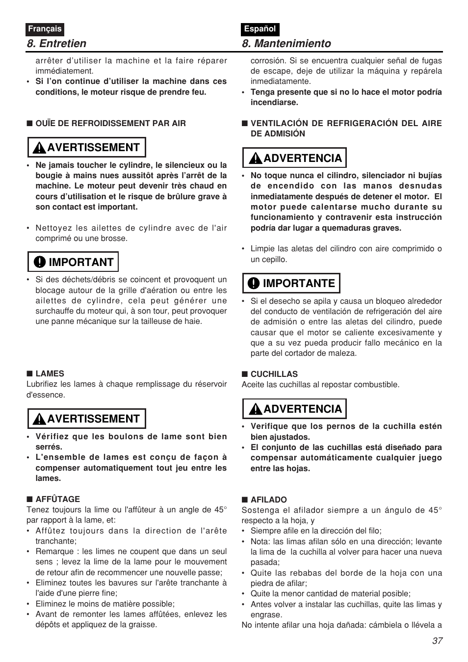 Entretien 8. mantenimiento, Avertissement important avertissement, Advertencia importante advertencia | Zenoah CHTZ2401L-CA User Manual | Page 37 / 54