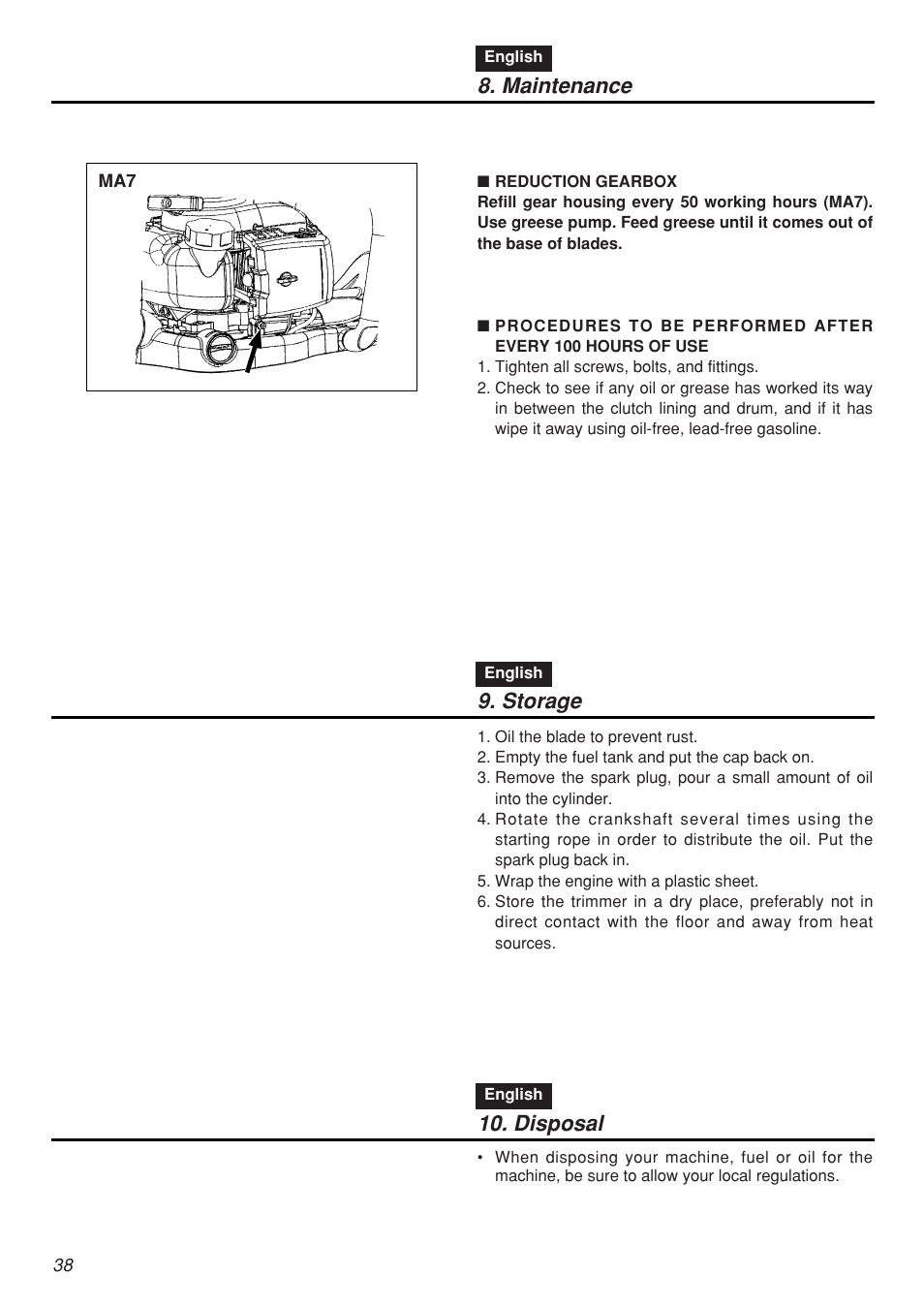 Maintenance, Storage, Disposal | Zenoah CHTZ2401L-CA User Manual | Page 38 / 54