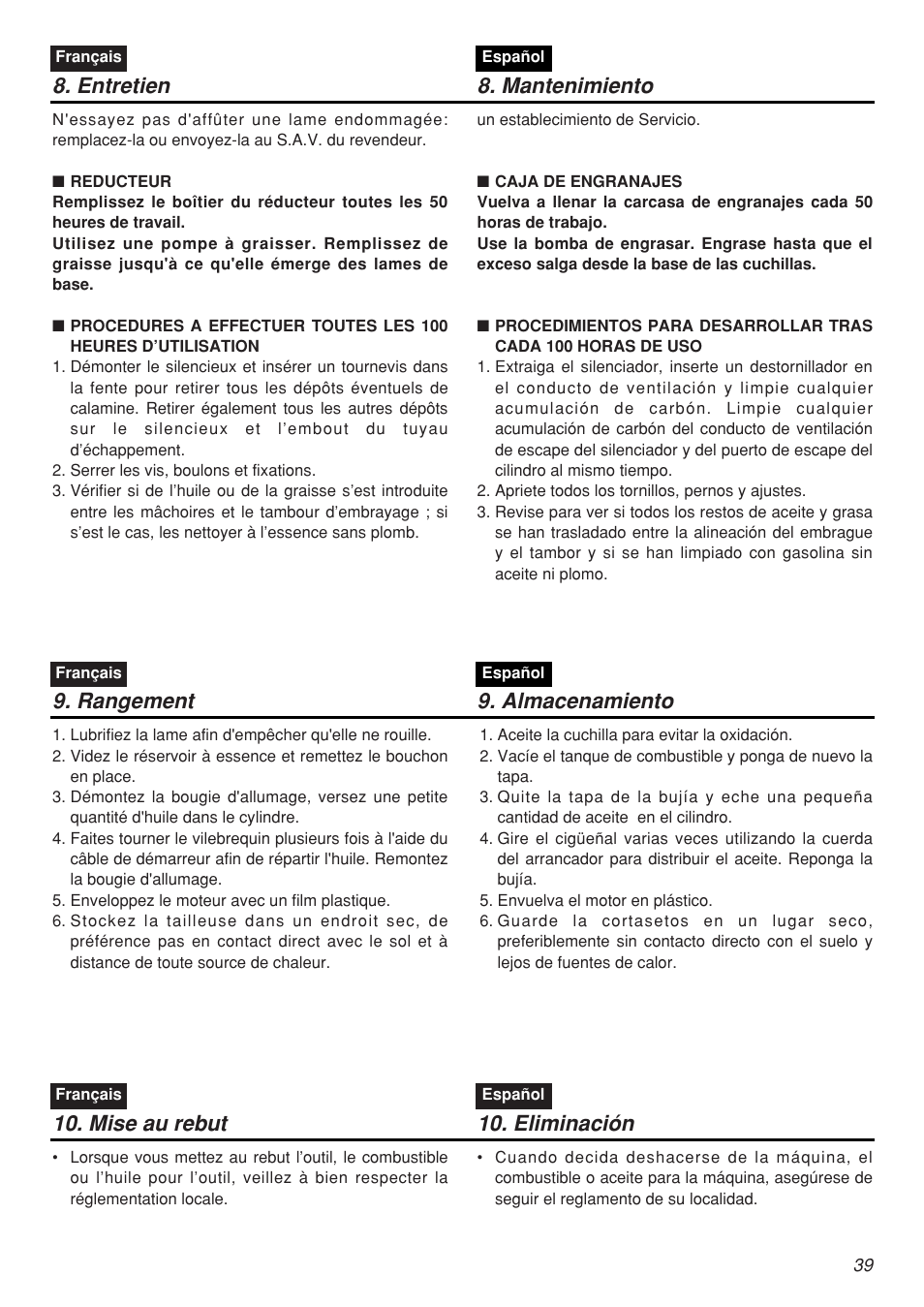 Entretien 8. mantenimiento, Rangement 9. almacenamiento, Mise au rebut | Eliminación | Zenoah CHTZ2401L-CA User Manual | Page 39 / 54