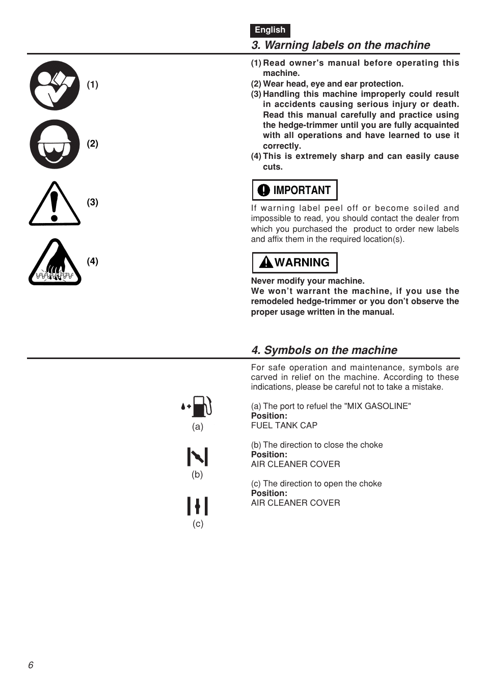 Warning labels on the machine, Warning important 4. symbols on the machine | Zenoah CHTZ2401L-CA User Manual | Page 6 / 54