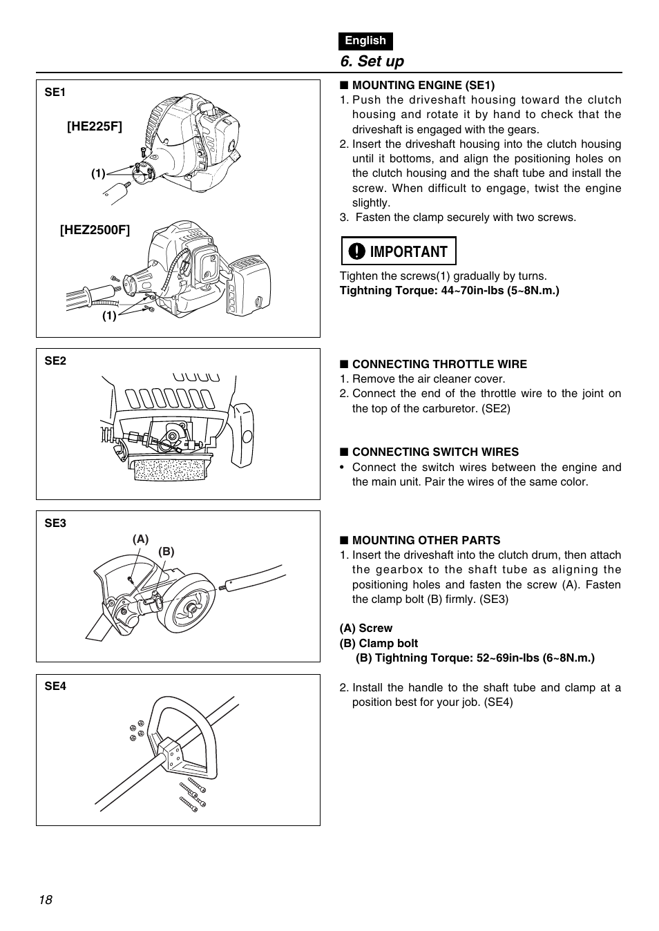Set up, Important | Zenoah HE225F User Manual | Page 18 / 56