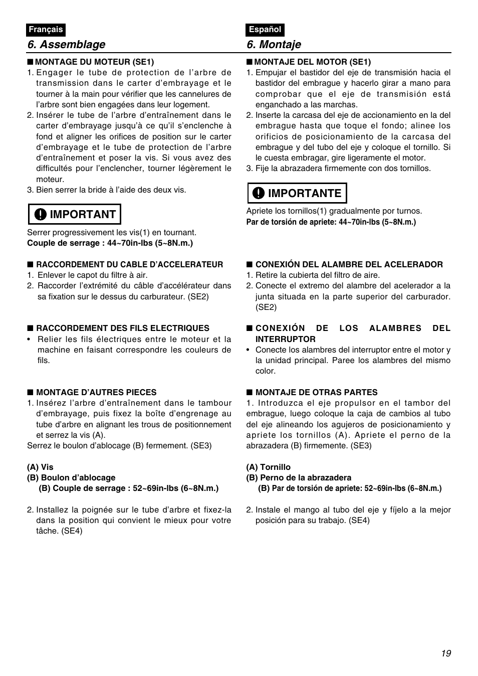 Assemblage 6. montaje, Important, Importante | Zenoah HE225F User Manual | Page 19 / 56