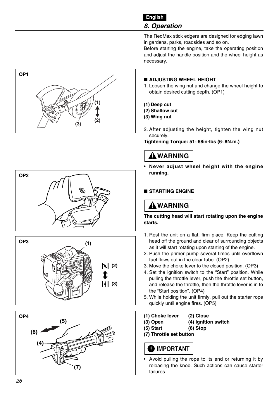 Operation, Important warning warning | Zenoah HE225F User Manual | Page 26 / 56