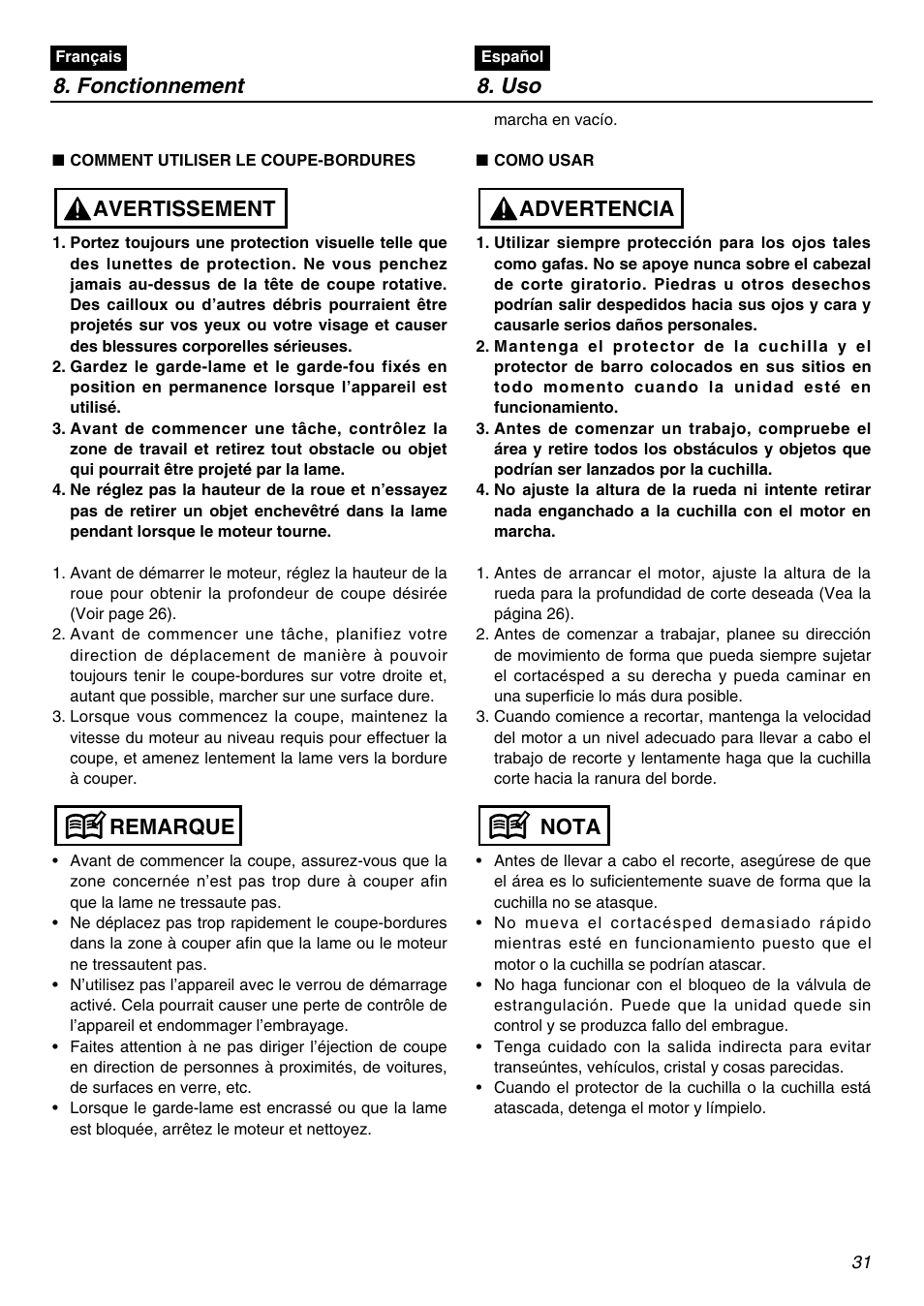 Fonctionnement 8. uso, Nota advertencia, Remarque avertissement | Zenoah HE225F User Manual | Page 31 / 56