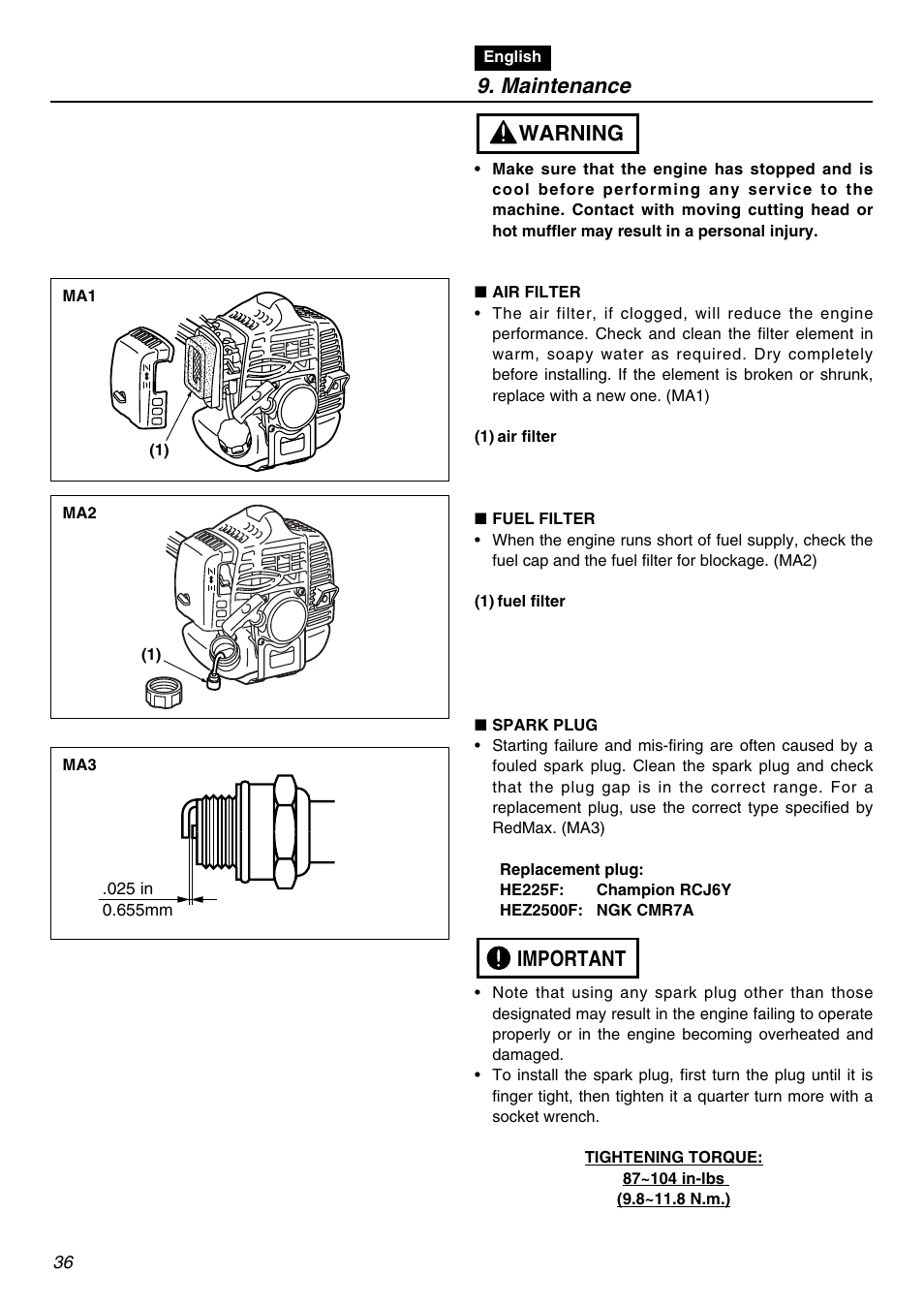 Maintenance, Important warning | Zenoah HE225F User Manual | Page 36 / 56