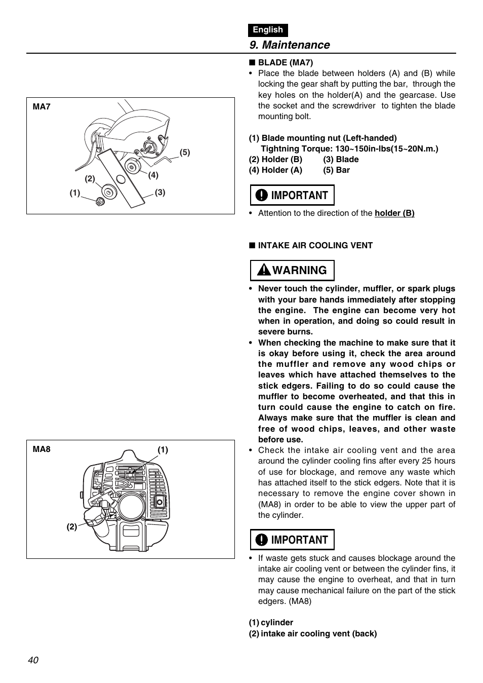 Maintenance, Important warning important | Zenoah HE225F User Manual | Page 40 / 56