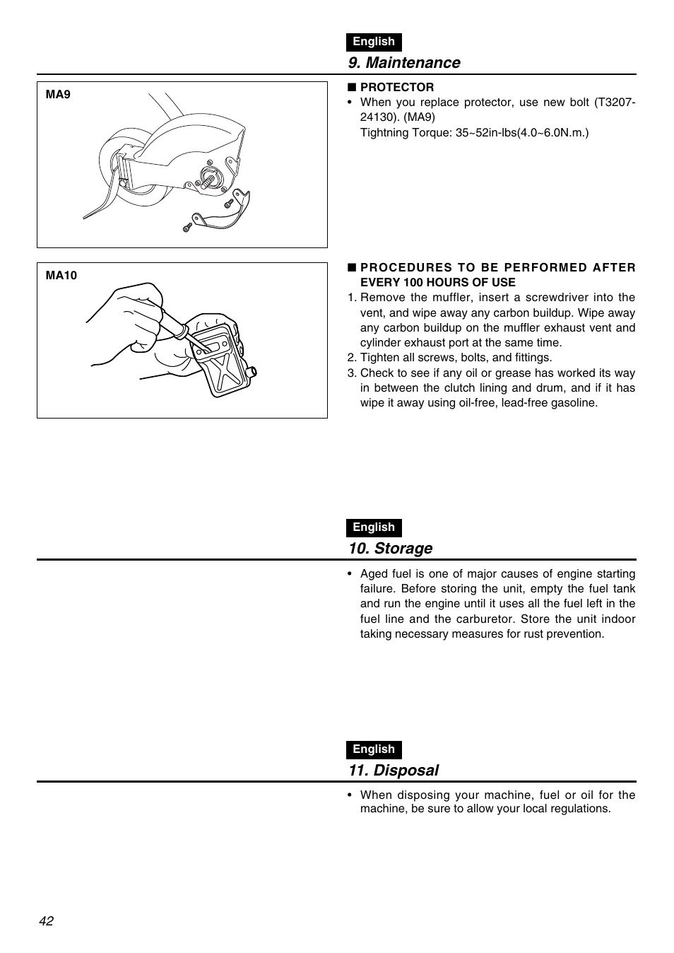 Maintenance, Storage, Disposal | Zenoah HE225F User Manual | Page 42 / 56