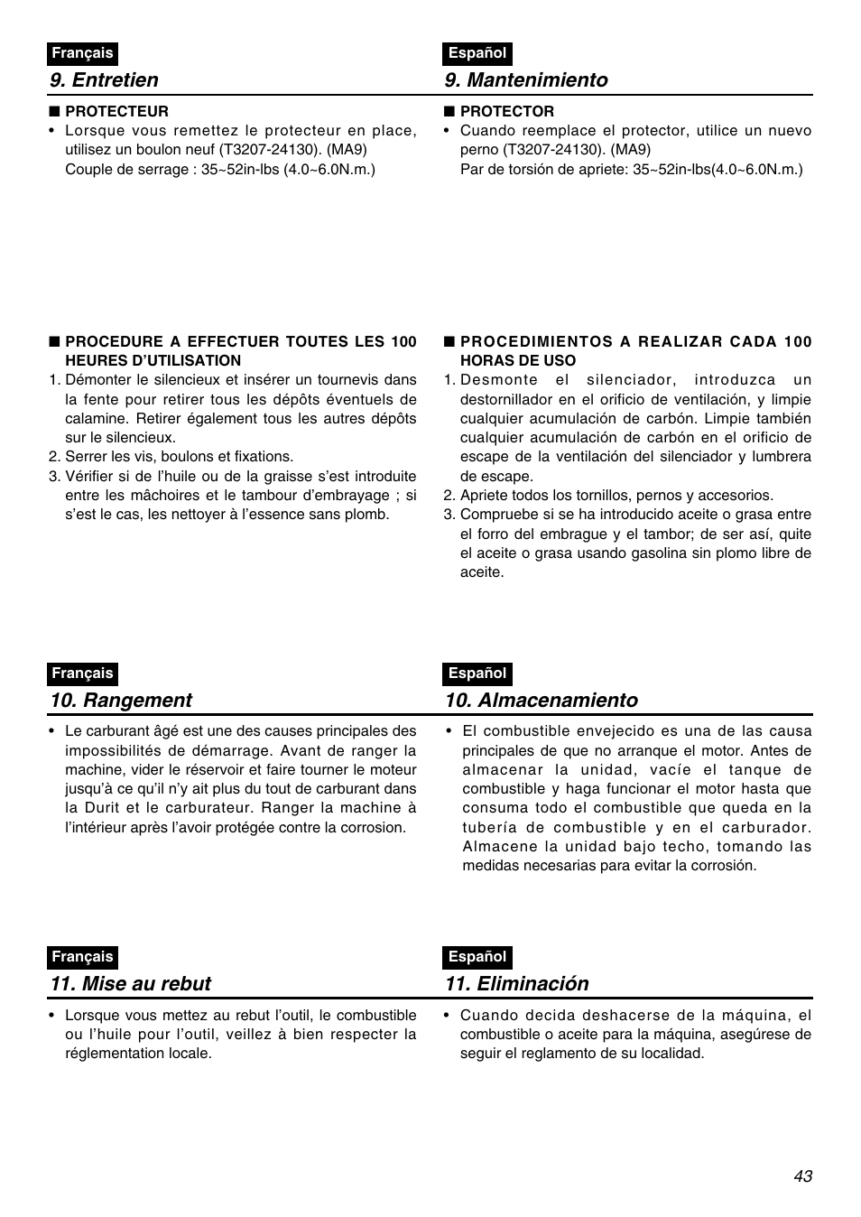 Entretien 9. mantenimiento, Almacenamiento, Rangement | Mise au rebut, Eliminación | Zenoah HE225F User Manual | Page 43 / 56