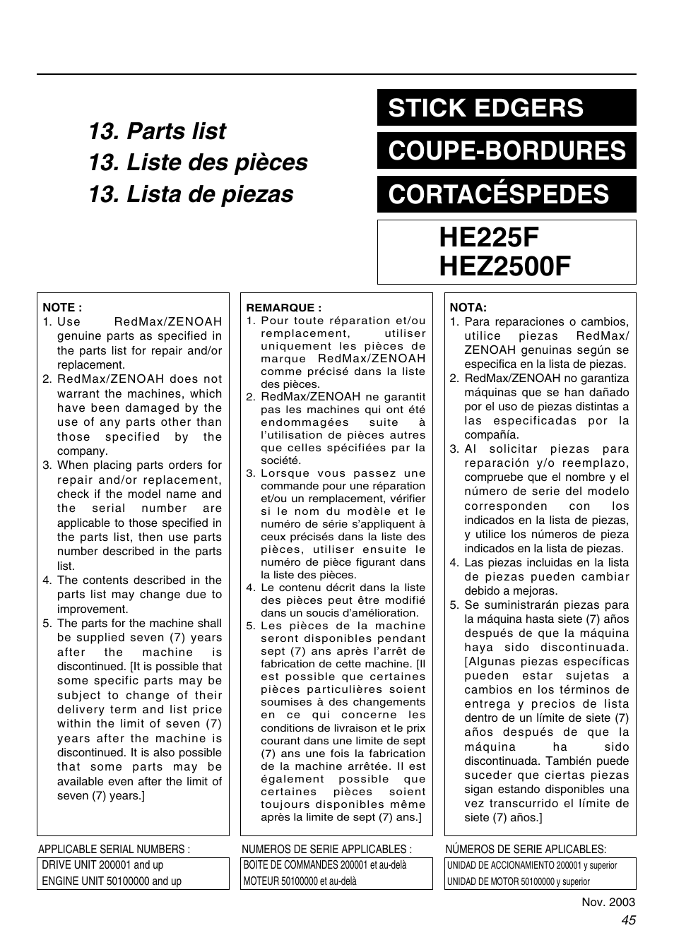 Coupe-bordures cortacéspedes, Stick edgers | Zenoah HE225F User Manual | Page 45 / 56
