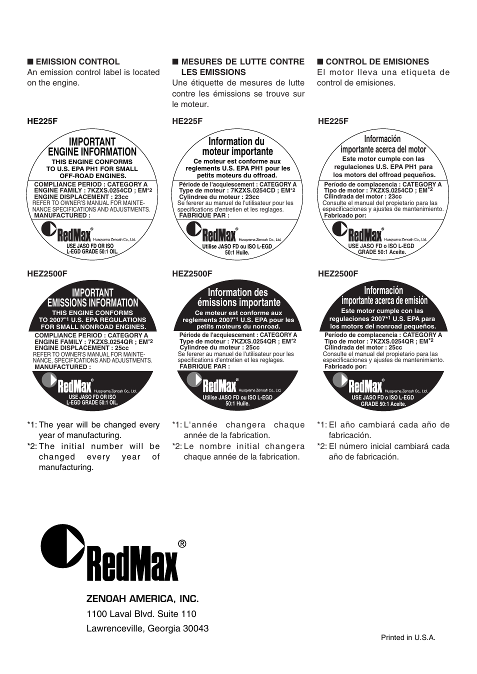 Important engine information, Important emissions information, Information du moteur importante | Information des émissions importante, Información importante acerca de emisión, Información importante acerca del motor | Zenoah HE225F User Manual | Page 56 / 56