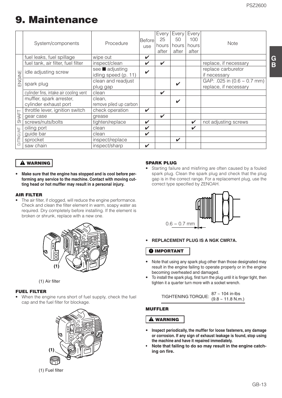 Maintenance | Zenoah PSZ2600 User Manual | Page 13 / 16