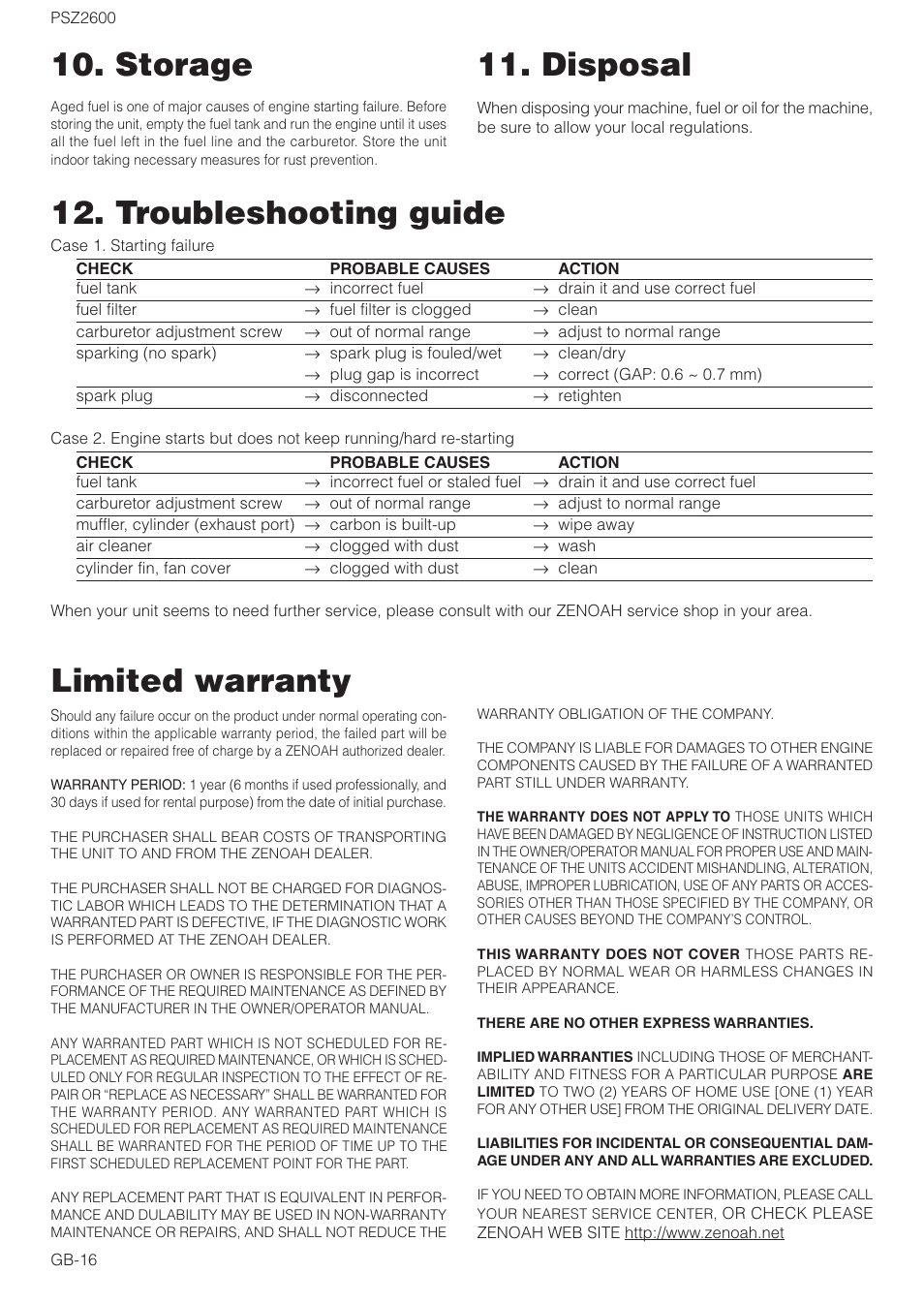 Troubleshooting guide, Disposal, Storage limited warranty | Zenoah PSZ2600 User Manual | Page 16 / 16