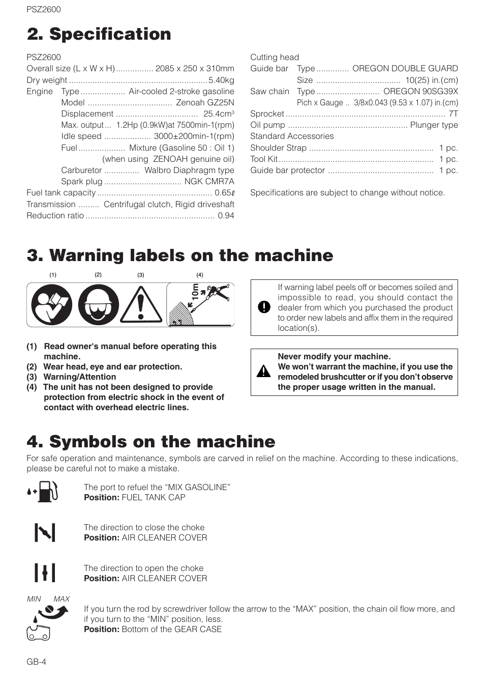 Specification, Warning labels on the machine, Symbols on the machine | Zenoah PSZ2600 User Manual | Page 4 / 16