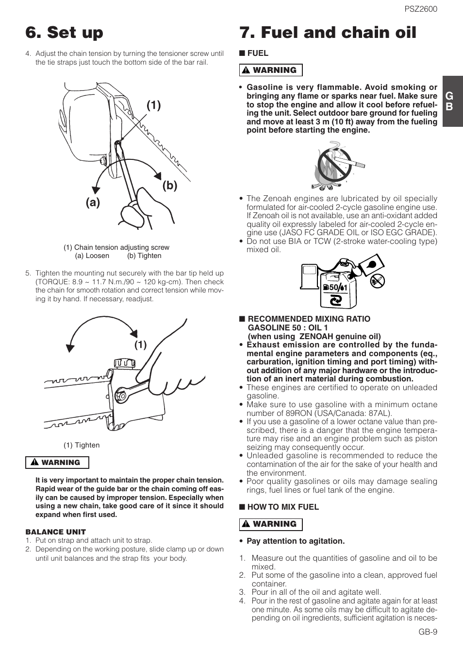 Set up 7. fuel and chain oil | Zenoah PSZ2600 User Manual | Page 9 / 16