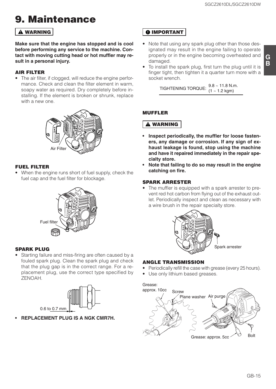 Maintenance | Zenoah SGCZ2610DL User Manual | Page 15 / 17