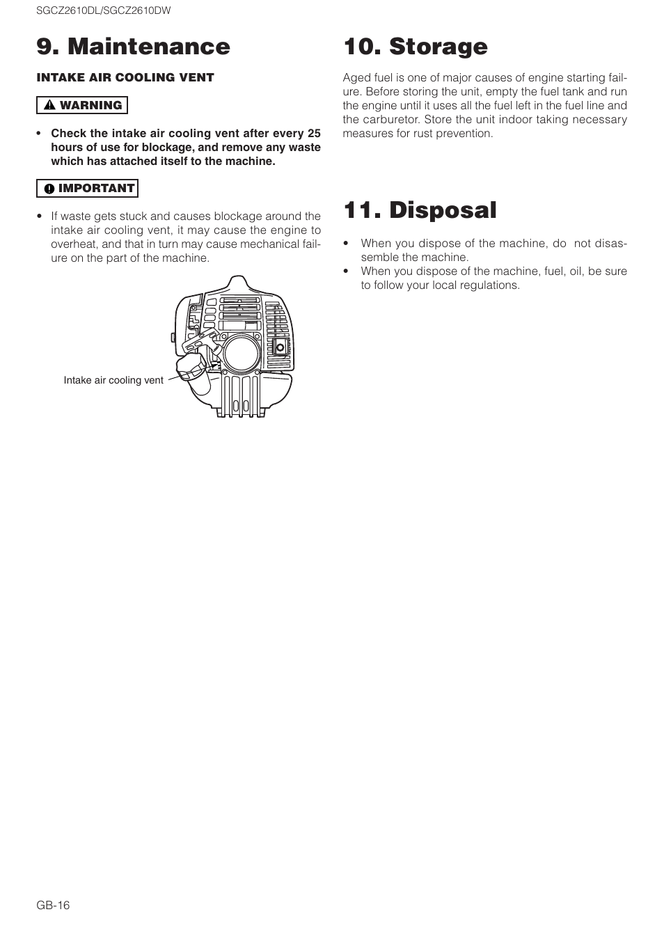 Maintenance, Storage, Disposal | Zenoah SGCZ2610DL User Manual | Page 16 / 17