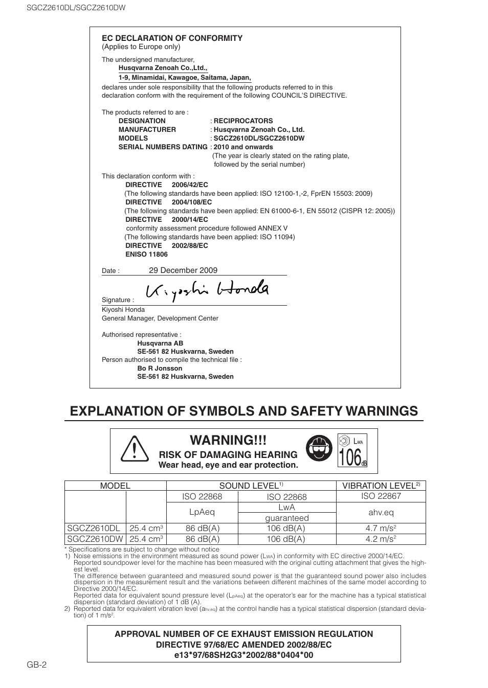 Explanation of symbols and safety warnings warning, Risk of damaging hearing | Zenoah SGCZ2610DL User Manual | Page 2 / 17