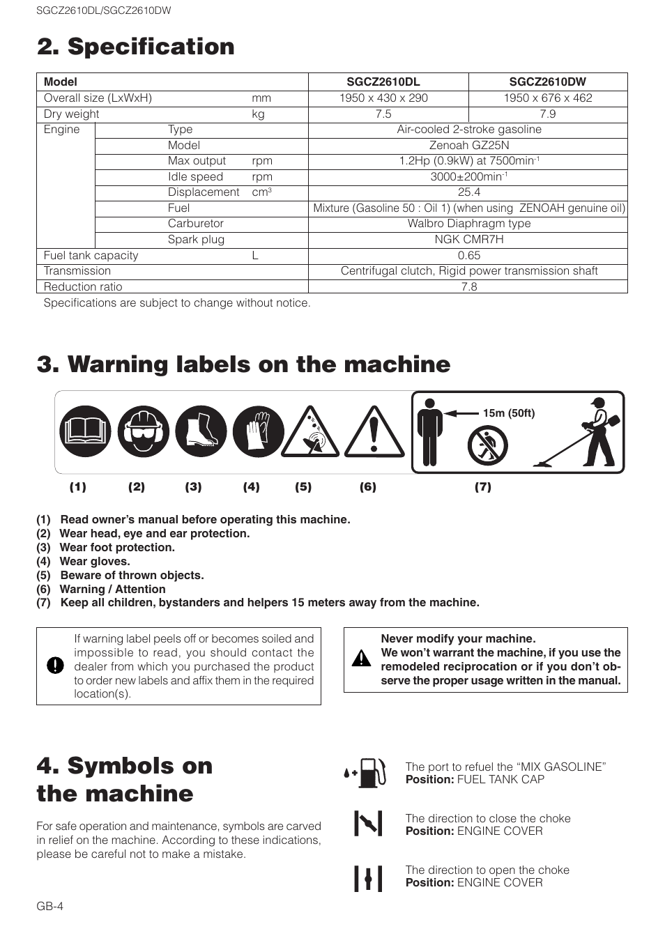 Specification 3. warning labels on the machine, Symbols on the machine | Zenoah SGCZ2610DL User Manual | Page 4 / 17