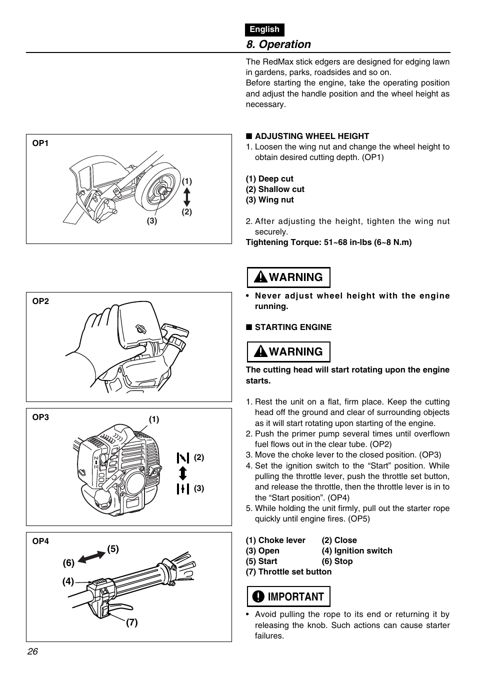 Operation, Important warning warning | Zenoah Stick Edgers HEZ2602S User Manual | Page 26 / 56