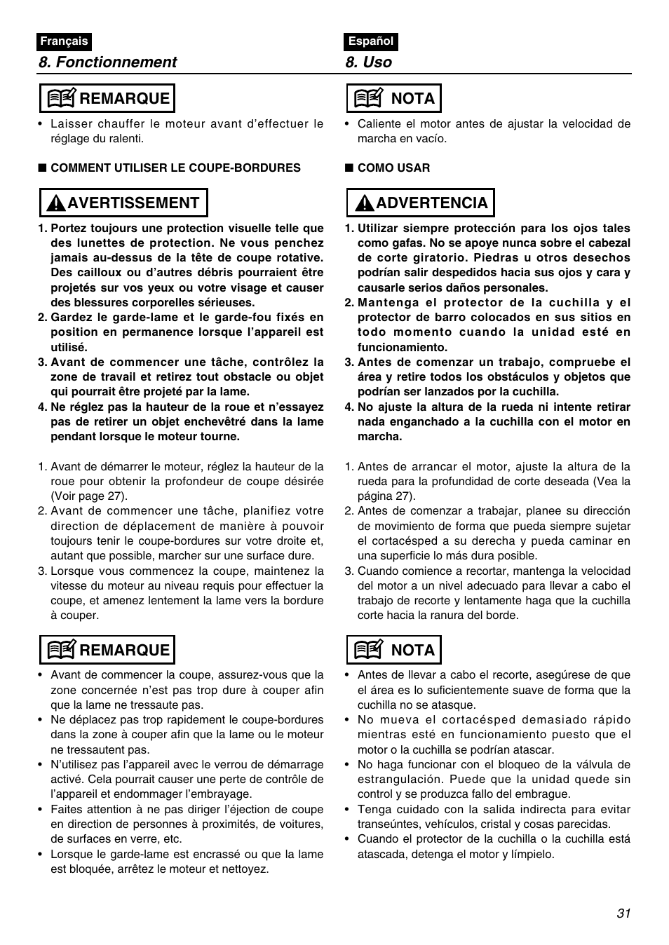 Fonctionnement 8. uso, Nota advertencia nota, Remarque avertissement remarque | Zenoah Stick Edgers HEZ2602S User Manual | Page 31 / 56