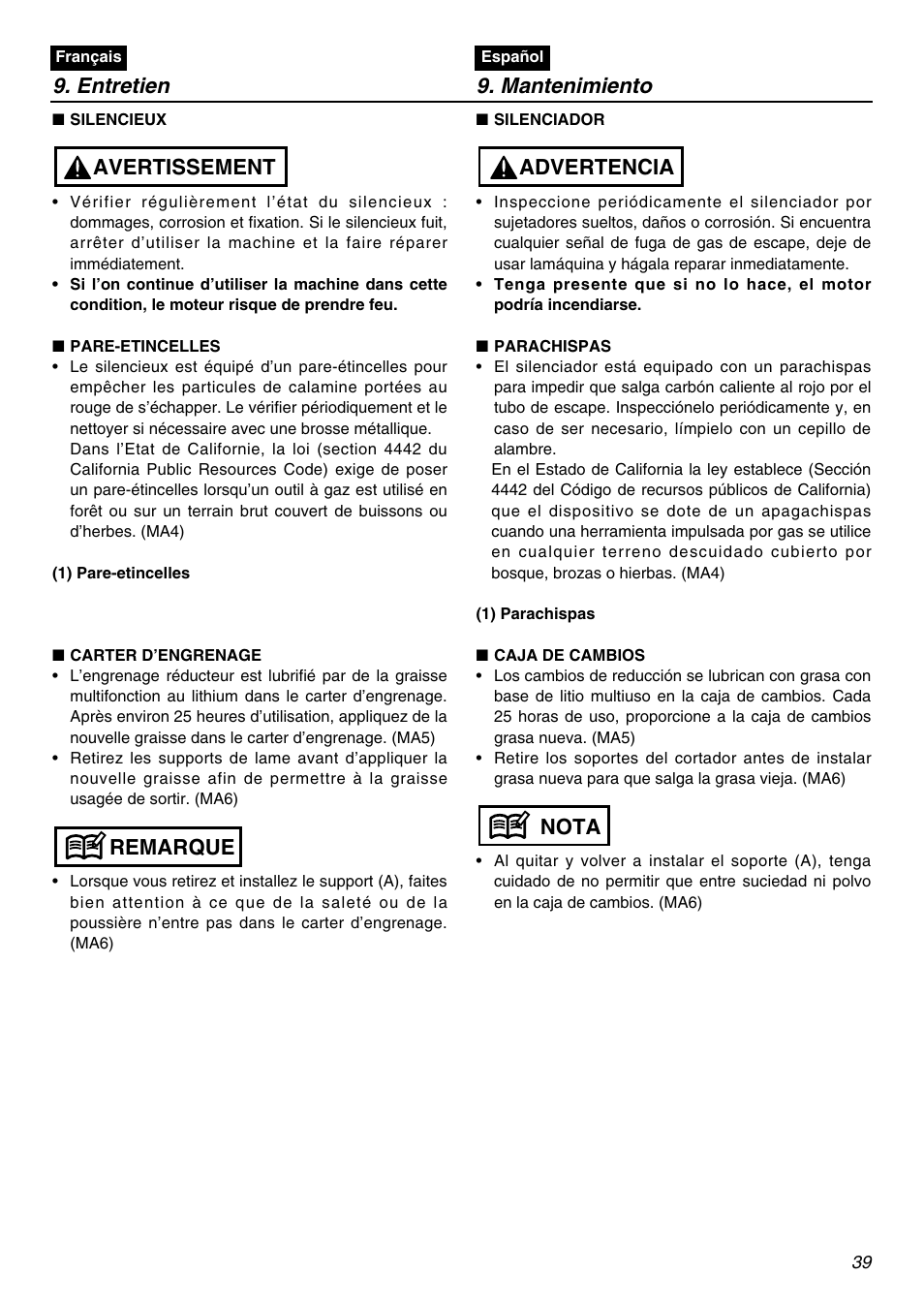 Entretien 9. mantenimiento, Remarque avertissement, Nota advertencia | Zenoah Stick Edgers HEZ2602S User Manual | Page 39 / 56