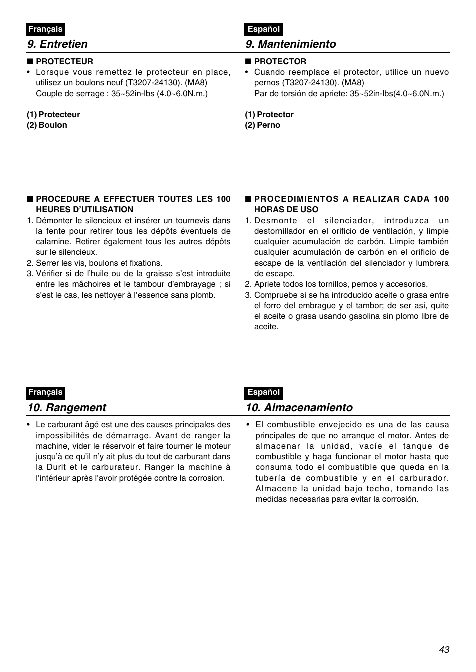 Rangement 10. almacenamiento, Entretien 9. mantenimiento | Zenoah Stick Edgers HEZ2602S User Manual | Page 43 / 56