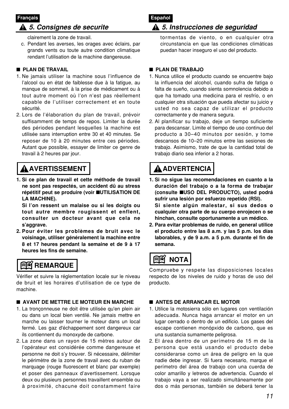 Remarque avertissement | Zenoah PSZ2401-CA User Manual | Page 11 / 68