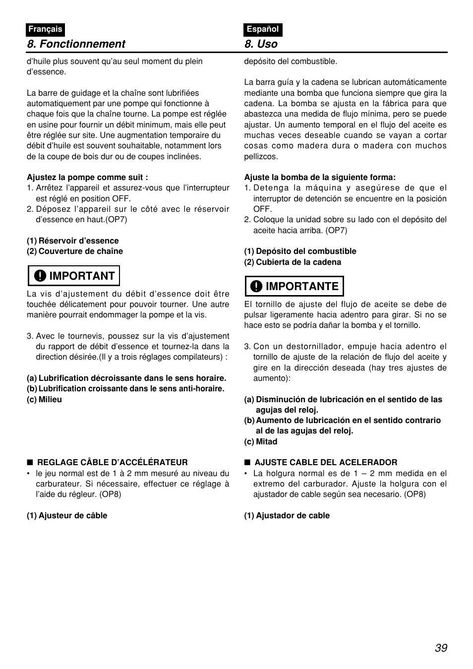 Important, Importante 8. fonctionnement 8. uso | Zenoah PSZ2401-CA User Manual | Page 39 / 68