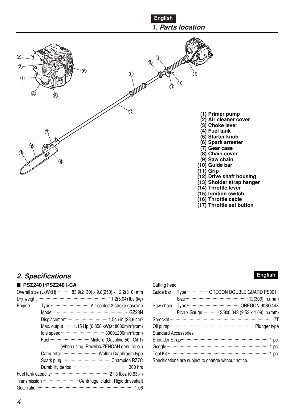 Parts location, Specifications | Zenoah PSZ2401-CA User Manual | Page 4 / 68