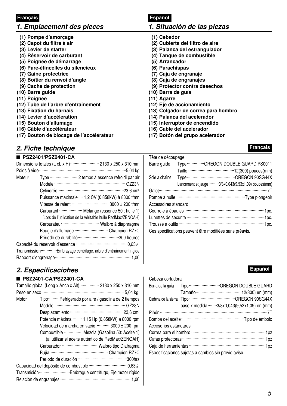 Emplacement des pieces 1. situación de las piezas, Especificaciohes, Fiche technique | Zenoah PSZ2401-CA User Manual | Page 5 / 68