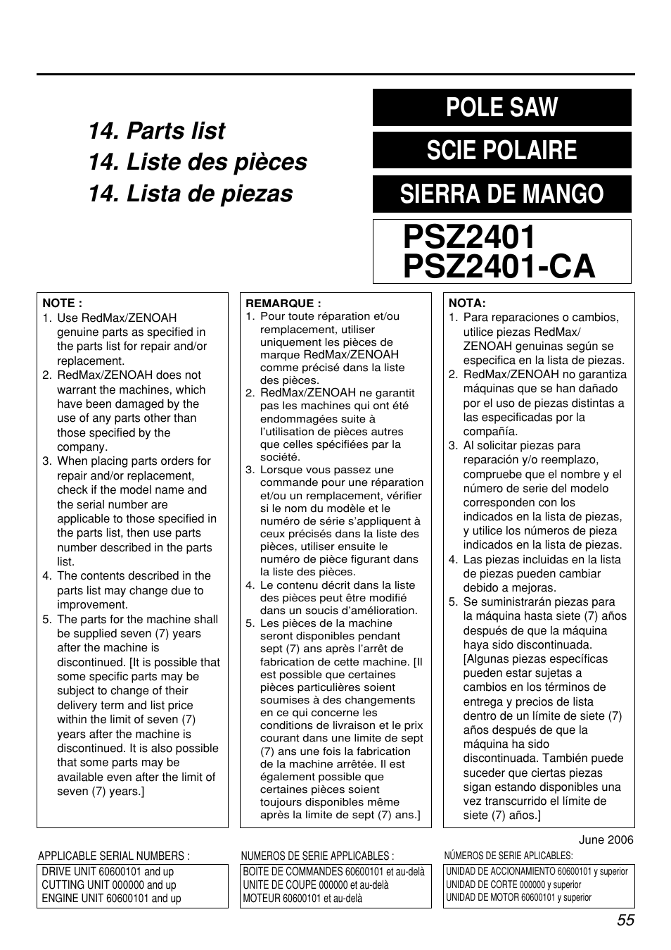 Pole saw scie polaire sierra de mango | Zenoah PSZ2401-CA User Manual | Page 55 / 68