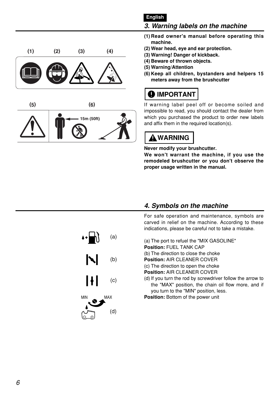 Warning labels on the machine, Warning important 4. symbols on the machine | Zenoah PSZ2401-CA User Manual | Page 6 / 68