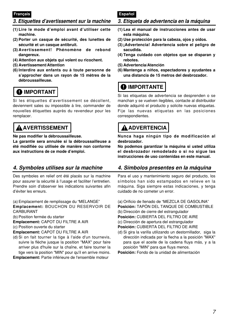 Avertissement important, Advertencia importante | Zenoah PSZ2401-CA User Manual | Page 7 / 68