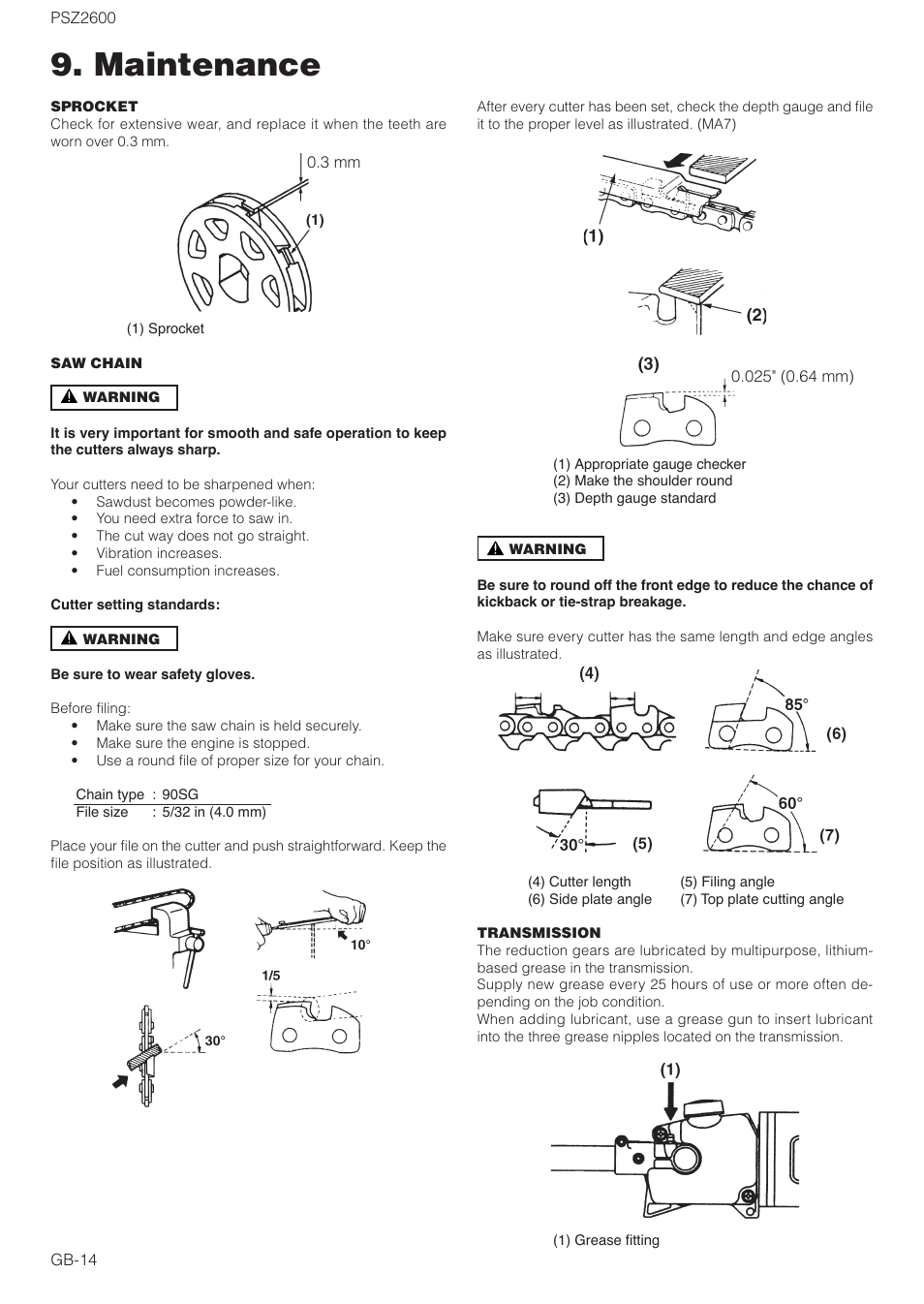 Maintenance | Zenoah ORIGINAL LANGUAGE PSZ2600 User Manual | Page 14 / 16