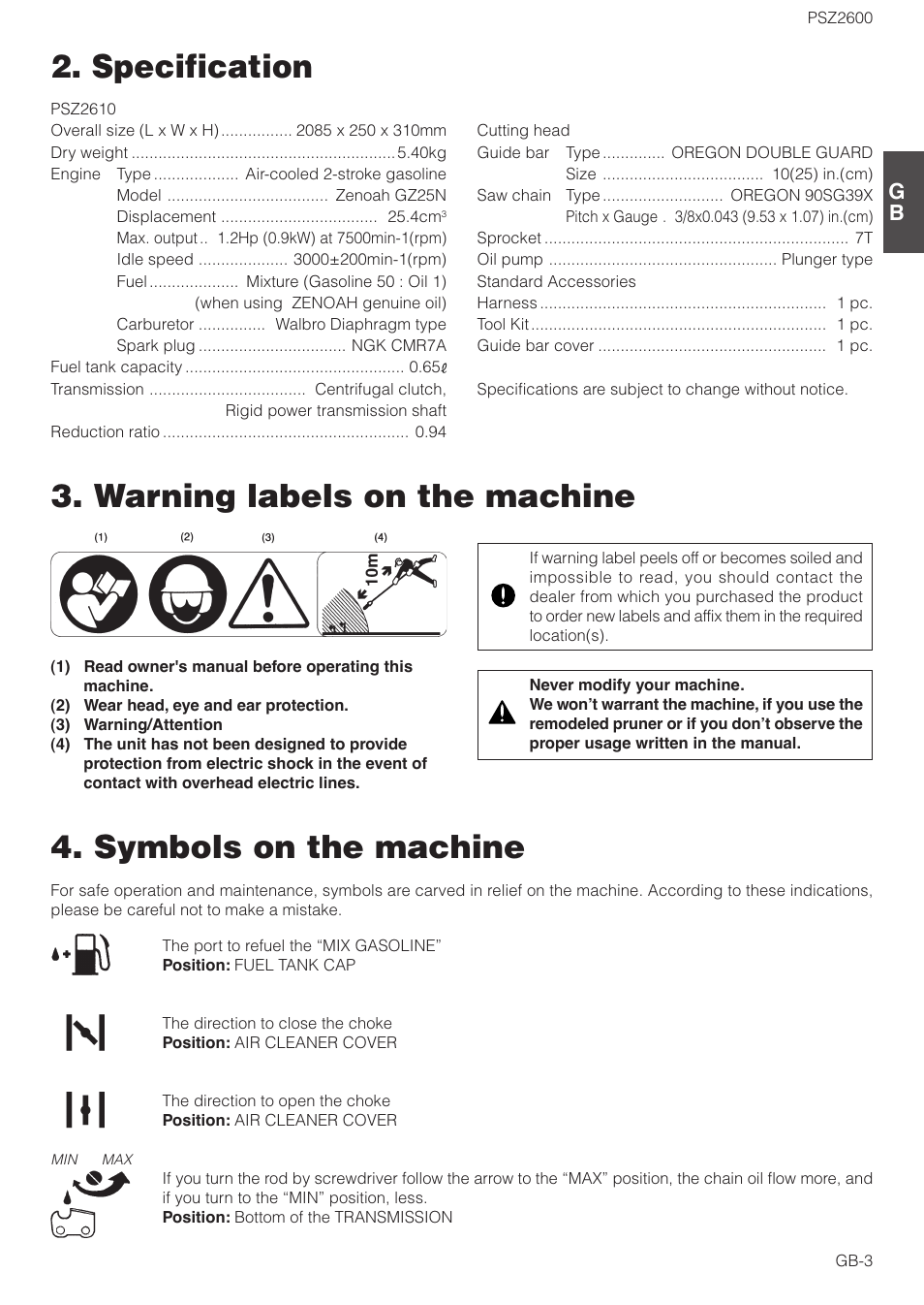 Specification 3. warning labels on the machine, Symbols on the machine | Zenoah ORIGINAL LANGUAGE PSZ2600 User Manual | Page 3 / 16