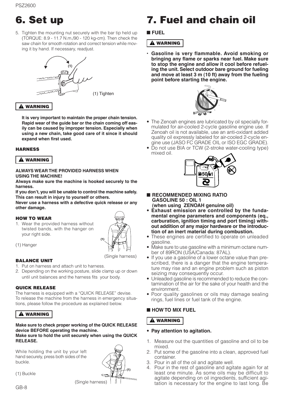 Set up 7. fuel and chain oil | Zenoah ORIGINAL LANGUAGE PSZ2600 User Manual | Page 8 / 16