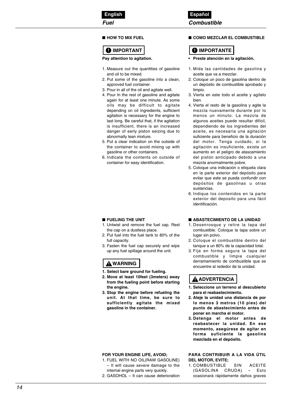 Fuel, Combustible | Zenoah EBZ5000RH User Manual | Page 14 / 36