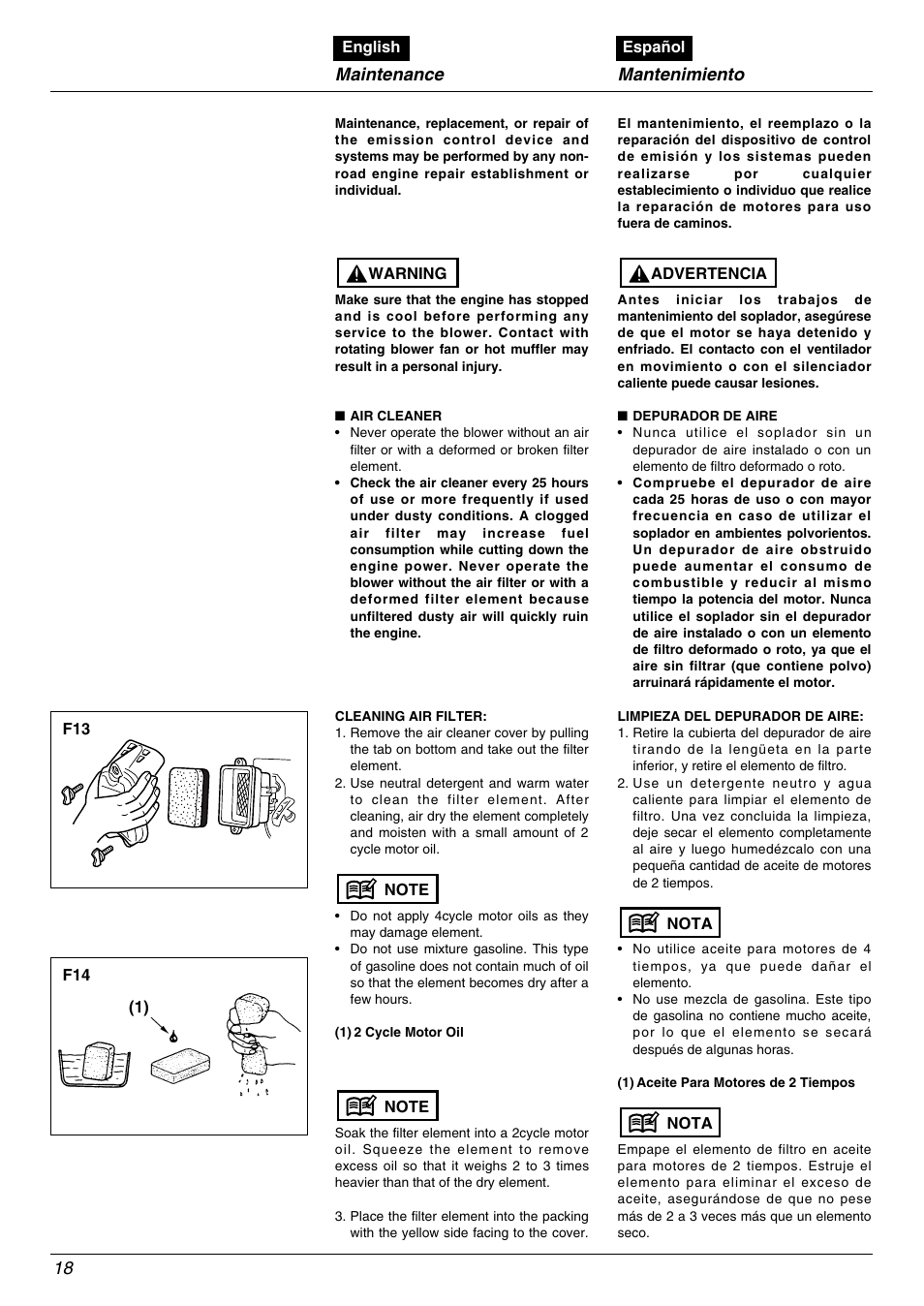 Maintenance, Mantenimiento | Zenoah EBZ5000RH User Manual | Page 18 / 36