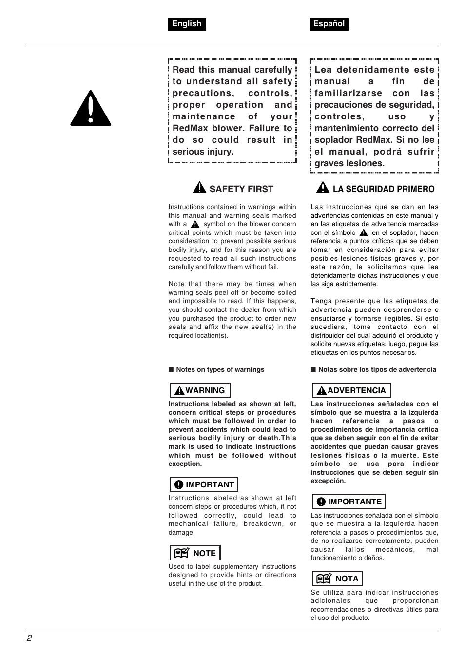 La seguridad primero, Safety first | Zenoah EBZ5000RH User Manual | Page 2 / 36