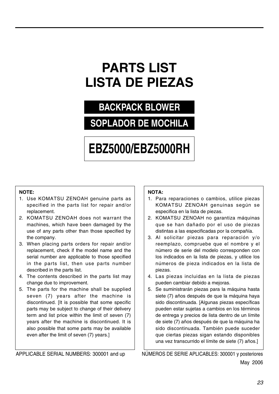 Parts list lista de piezas, Backpack blower, Soplador de mochila | Zenoah EBZ5000RH User Manual | Page 23 / 36