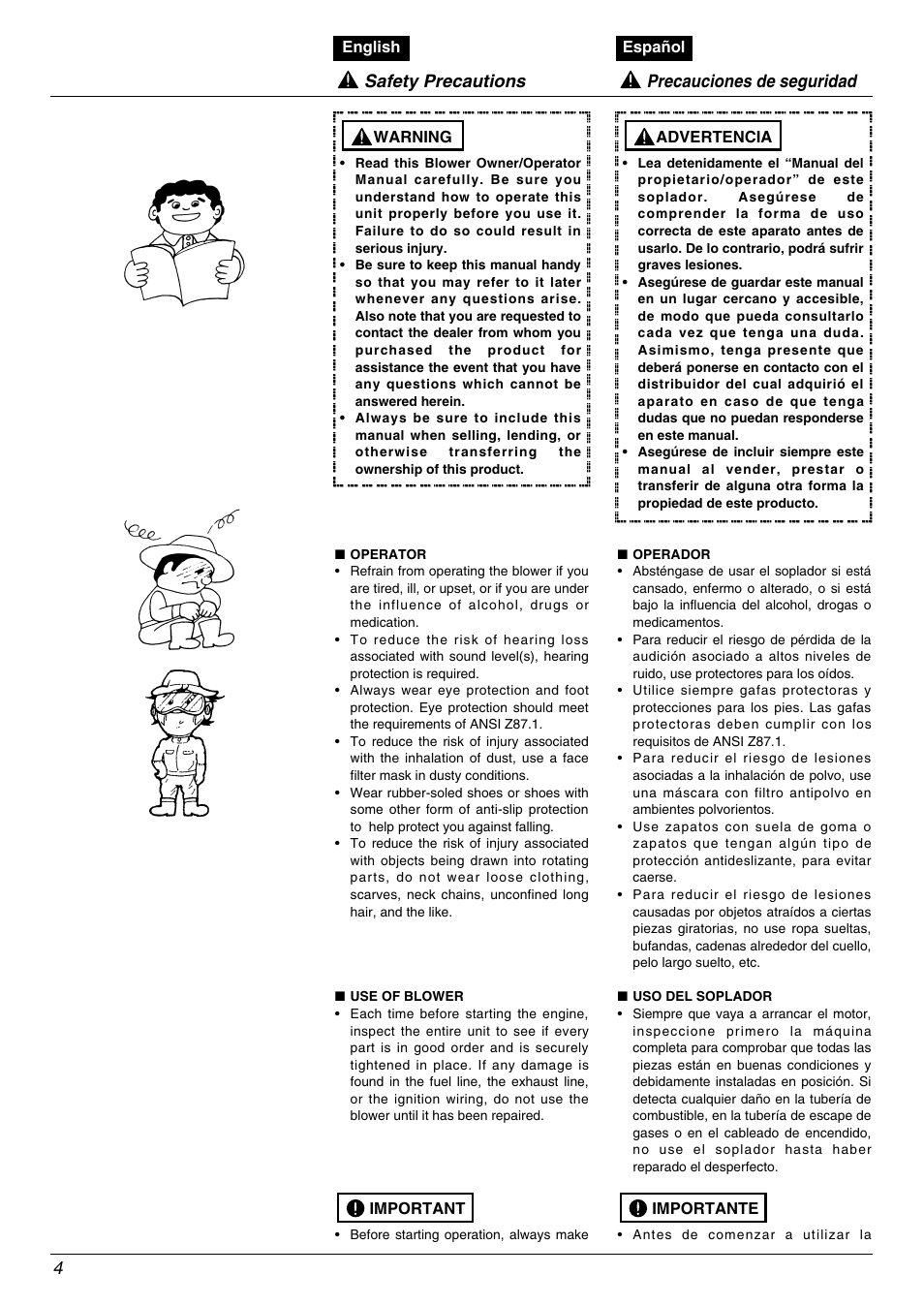 Safety precautions, Precauciones de seguridad | Zenoah EBZ5000RH User Manual | Page 4 / 36