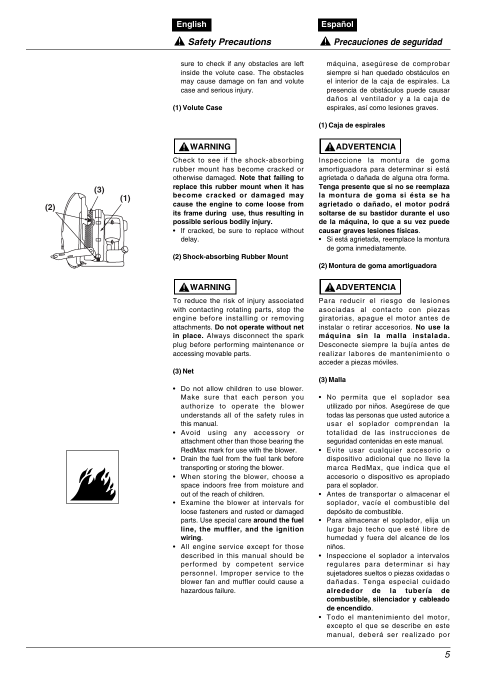 Safety precautions, Precauciones de seguridad | Zenoah EBZ5000RH User Manual | Page 5 / 36