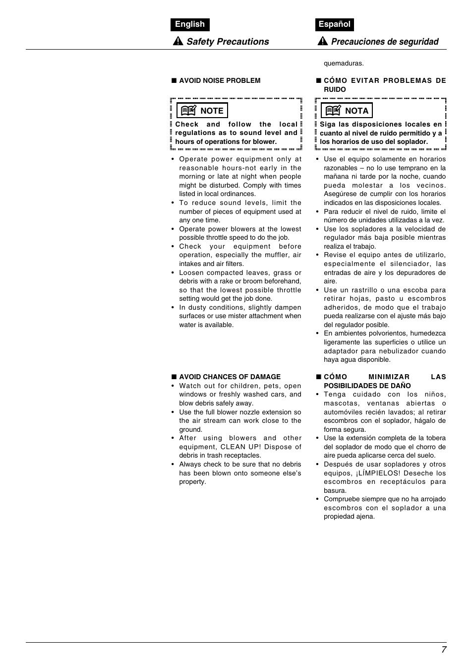 Safety precautions, Precauciones de seguridad | Zenoah EBZ5000RH User Manual | Page 7 / 36
