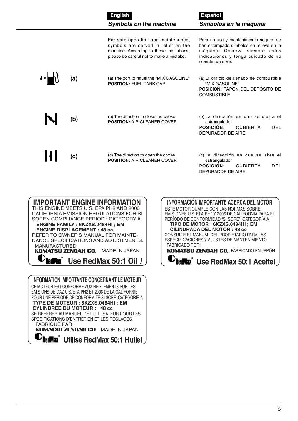 Important engine information, Información importante acerca del motor, Information importante concernant le moteur | Zenoah EBZ5000RH User Manual | Page 9 / 36