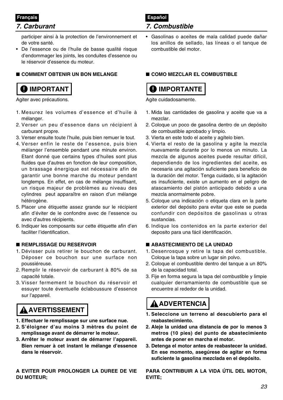 Avertissement important, Advertencia importante 7. carburant 7. combustible | Zenoah BC250 User Manual | Page 23 / 52