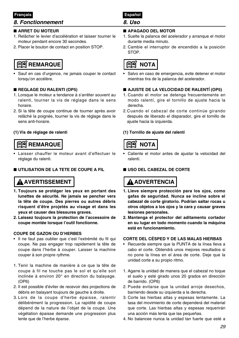 Fonctionnement 8. uso, Avertissement remarque remarque, Advertencia nota nota | Zenoah BC250 User Manual | Page 29 / 52